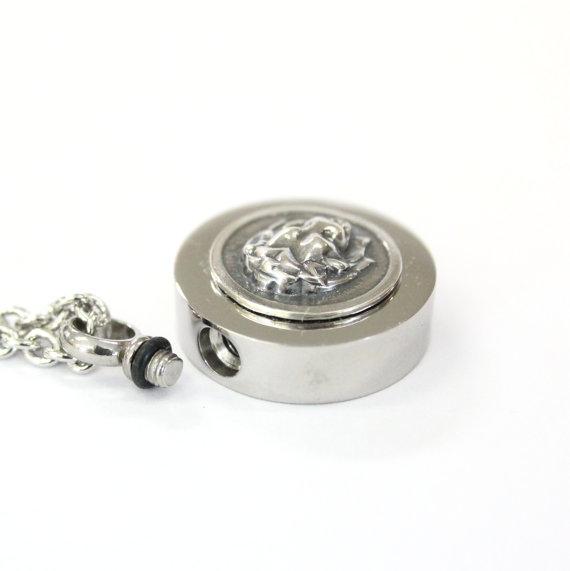 Sterling Silver Lion Head Cremation Urn Pendant - Custom Engraving Available