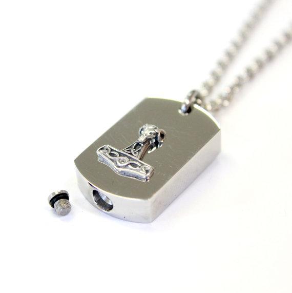 Silver Rams Head Thors Hammer Cremation Urn Pendant  - Custom Engraving Available