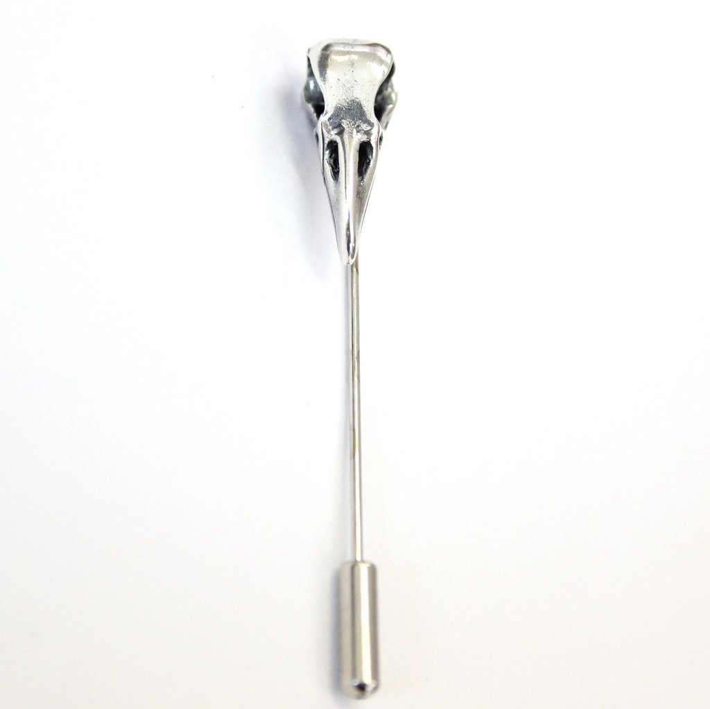 Sterling Silver Raven Skull Ascot Pin Crow Skull Stickpin Bird Skull Stick Pin Woodland Raven Skull Lapel Pin