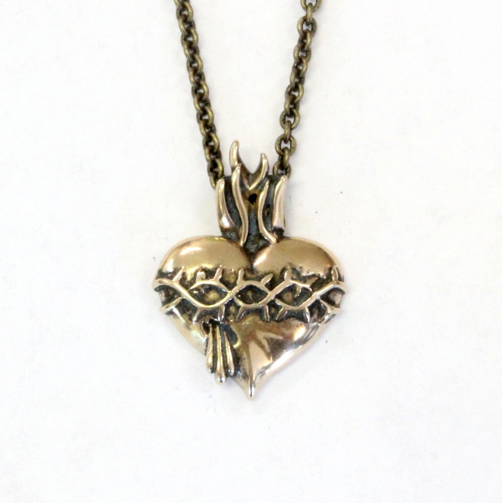 Sacred Heart Necklace in Solid Bronze