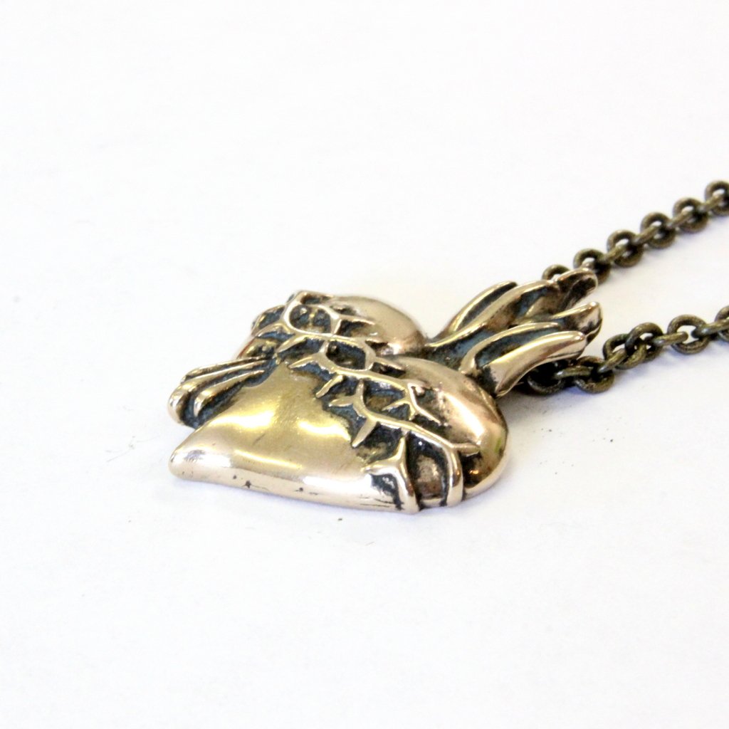 Sacred Heart Necklace in Solid Bronze