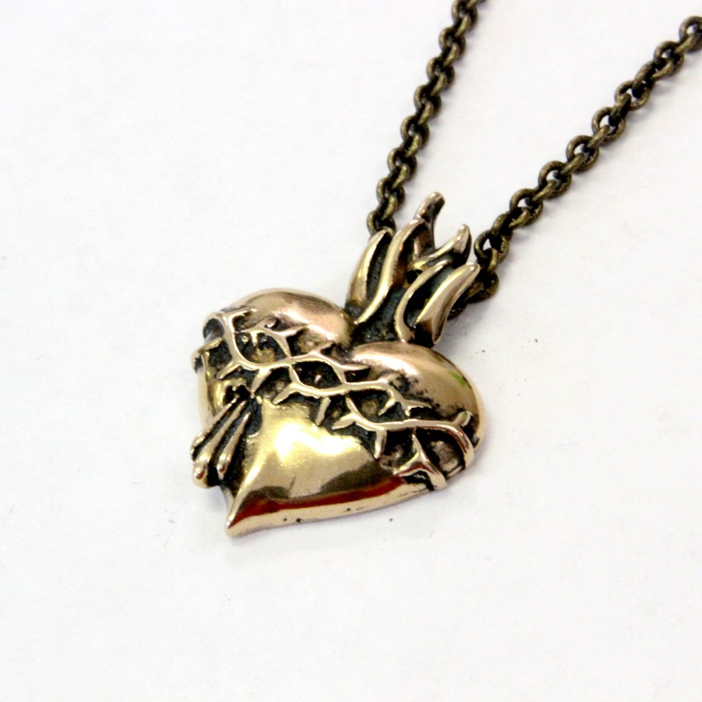 Sacred Heart Necklace in Solid Bronze