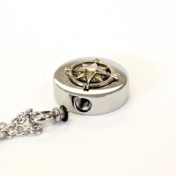 Bronze Compass Rose Cremation Urn Pendant - Custom Engraving Available