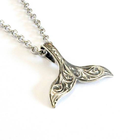 Engraved Whale Fluke Necklace Mermaid Tail Pendant in 925 Sterling Silver