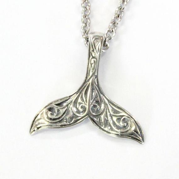 Engraved Whale Fluke Necklace Mermaid Tail Pendant in 925 Sterling Silver