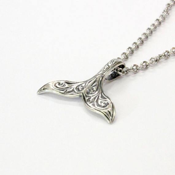 Engraved Whale Fluke Necklace Mermaid Tail Pendant in 925 Sterling Silver