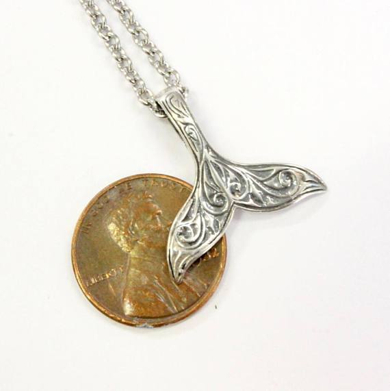 Engraved Whale Fluke Necklace Mermaid Tail Pendant in 925 Sterling Silver