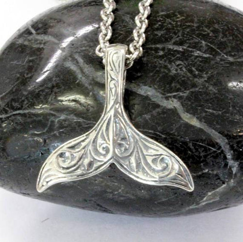 Engraved Whale Fluke Necklace Mermaid Tail Pendant in 925 Sterling Silver