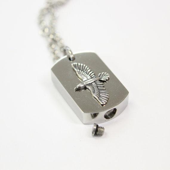 Silver Soaring Raven Cremation Urn Pendant - Custom Engraving Available