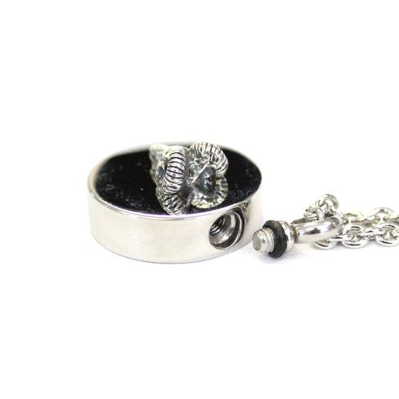 Sterling Silver Ram Head Cremation Urn Pendant - Custom Engraving Available