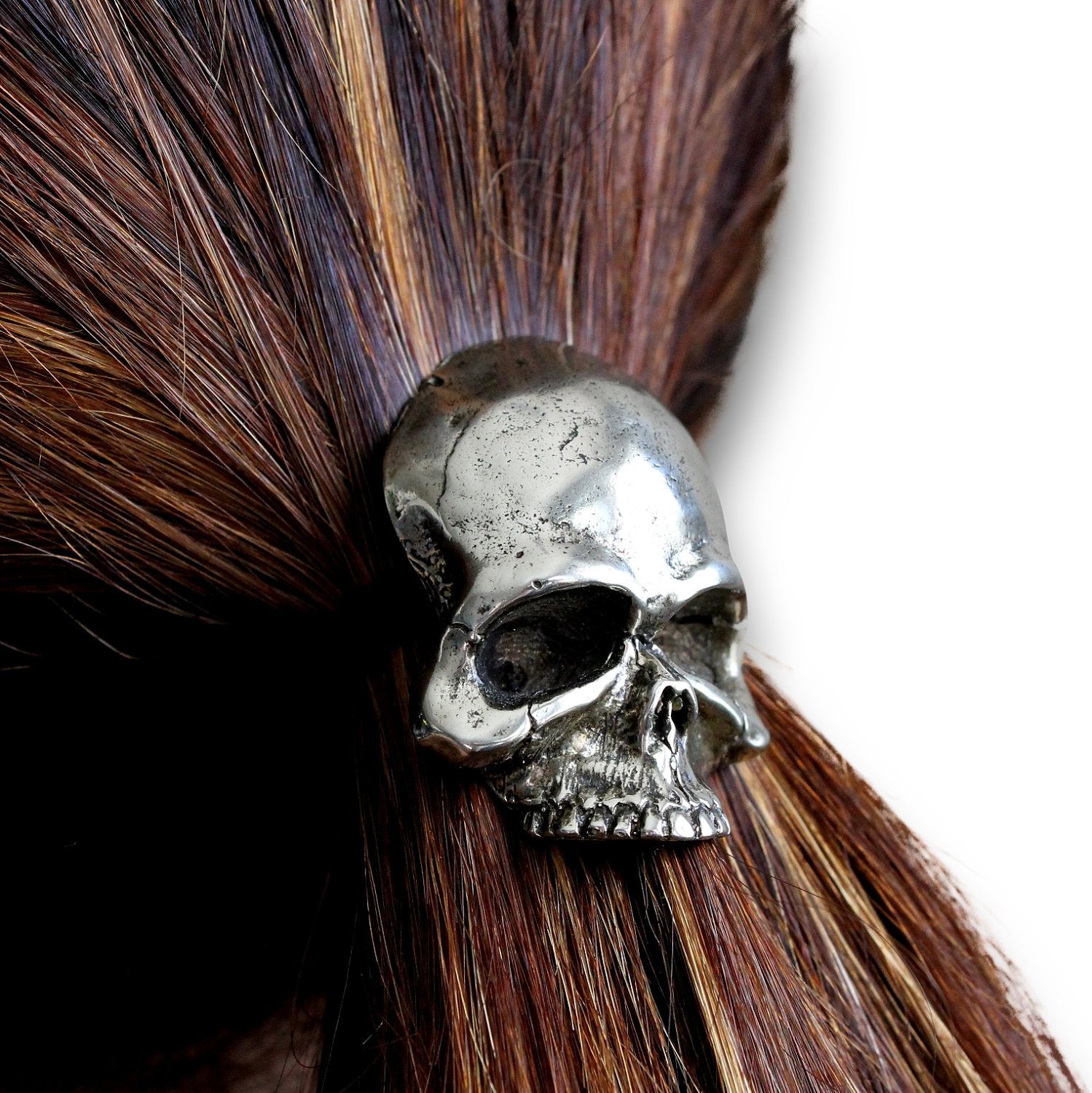 Skull Pony Tail Holder / Pendant Necklace in Silver or Bronze